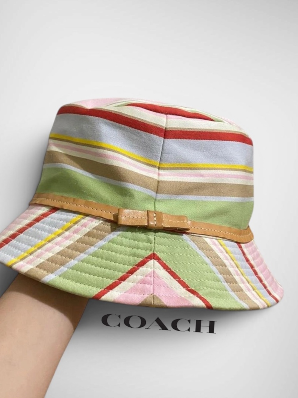 Vintage Y2K Coach Striped Canvas Bucket Hat w/ Leather Bow